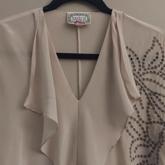 BARASCHI Silk Cream And Gray Dolman Sleeve Embroidered Eyelet Top - Picture 5 of 11